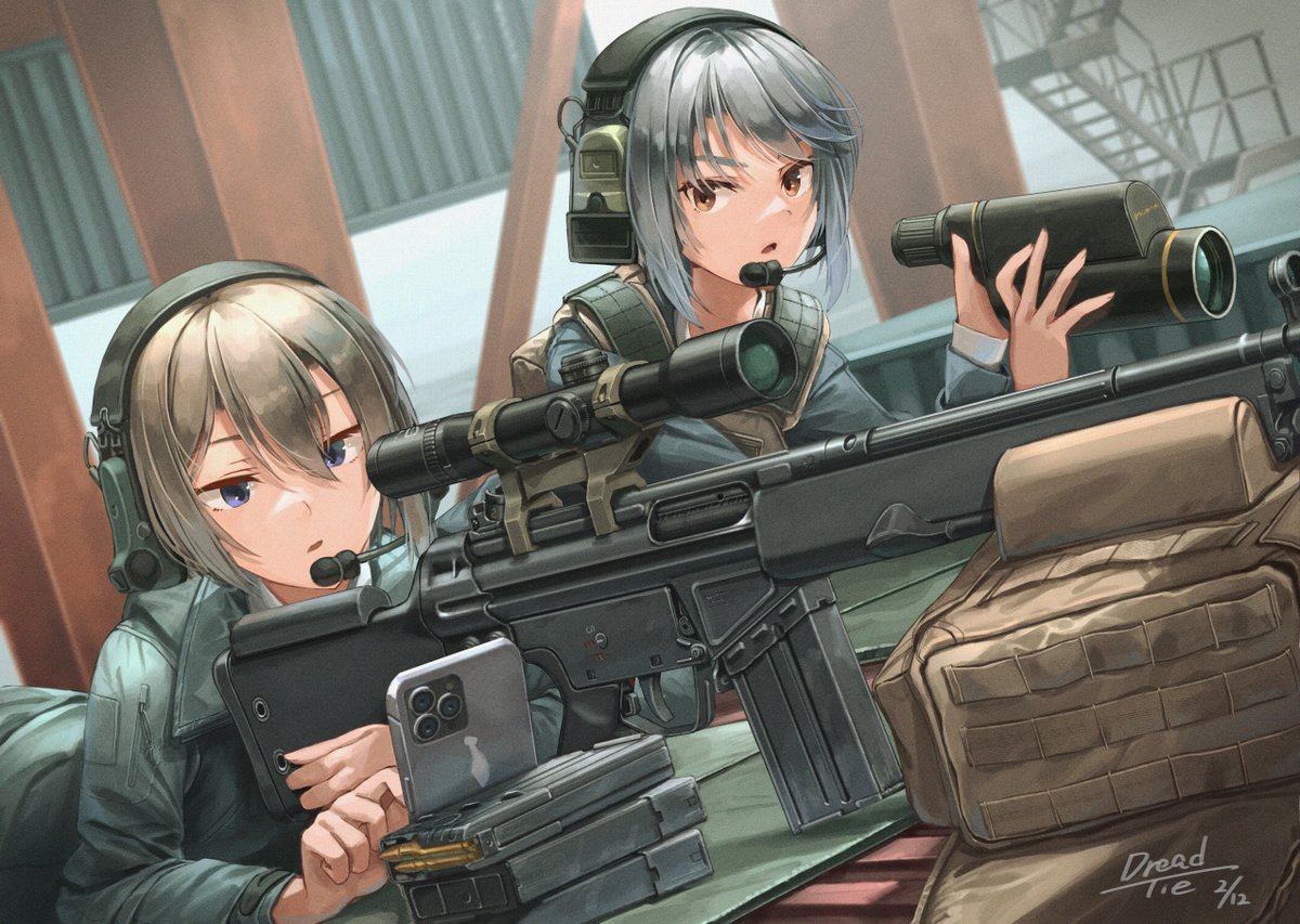2girls, artist_name, backpack, bag, binoculars, blue_eyes, brown_eyes, brown_hair, bullet, cartridge, cellphone, dated, dreadtie, grey_hair, gun, h&amp;k_msg90, headset, holding, holding_binoculars, holding_gun, holding_weapon, looking_at_phone, lying, multiple_girls, on_stomach, original, phone, rifle, scope, short_hair, smartphone, sniper_rifle, tactical_clothes, weapon, weapon_request