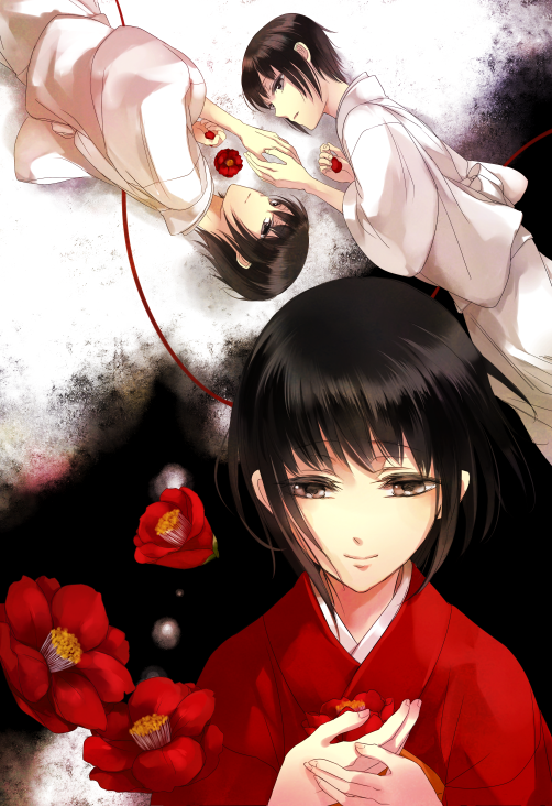 black_hair, brown_eyes, camellia_(flower), fatal_frame, fatal_frame_ii, flower, hands, japanese_clothes