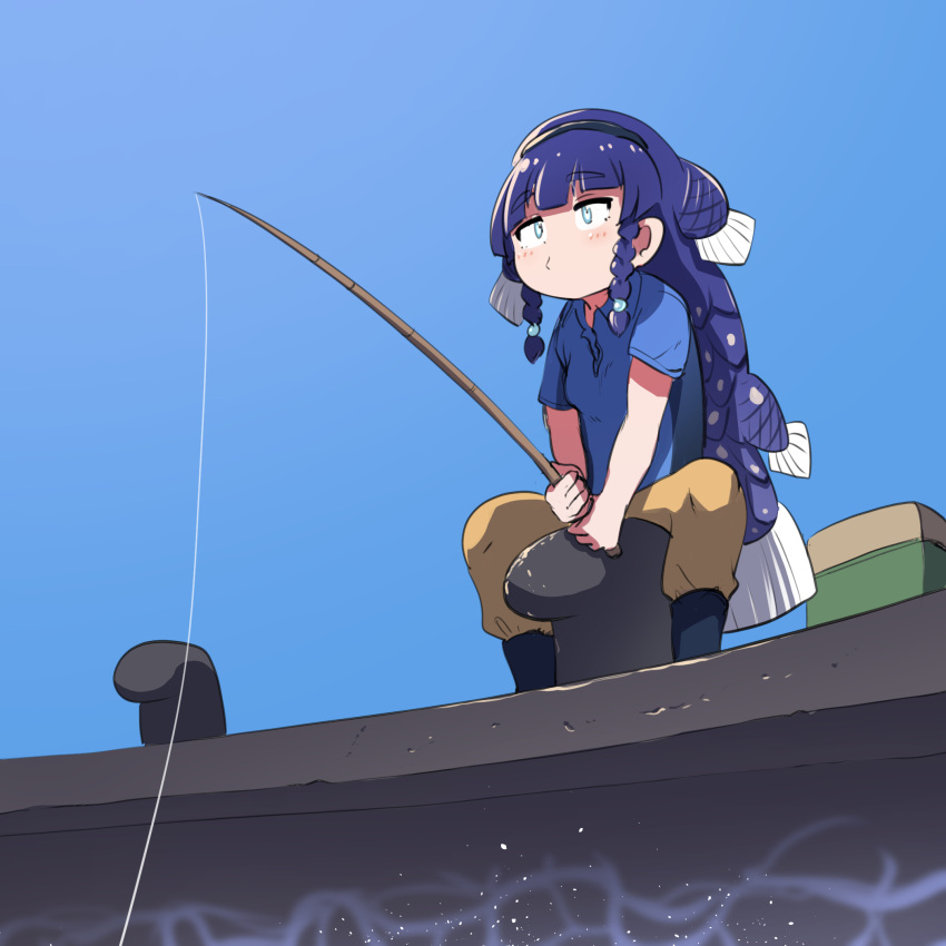 1girl, alternate_costume, blue_eyes, blue_hair, blue_sky, boots, coelacanth_(kemono_friends), fins