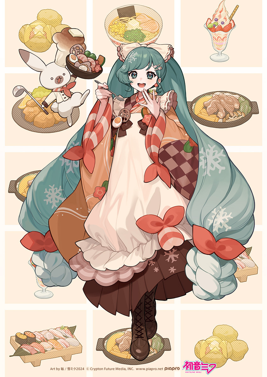 1girl, animal, apron, aqua_eyes, aqua_hair, blueberry, boots, bow