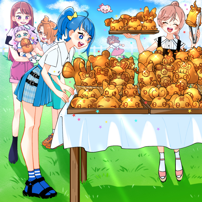 1boy, 4girls, alternate_hairstyle, annotated, aroma_(go!_princess_precure), asymmetrical_bangs, black_dress, black_footwear, black_shirt, black_socks, blouse, blue_eyes, blue_hair, blue_skirt, blue_sky, blue_socks, braid, bright_pupils, brown_hair, candy_(smile_precure!), carrying, casual, child_carry, choppy, chypre_(heartcatch_precure!), closed_eyes, clouds, cloudy_sky, coco_(yes!_precure_5), coffret_(heartcatch_precure!), collared_shirt, commentary, coupe_(heartcatch_precure!), cross-laced_footwear, cut_bangs, davi_(dokidoki!_precure), day, delicious_party_precure, denim, denim_shorts, dokidoki!_precure, dress, ellee-chan, fence, flappy, food, fresh_precure!, futari_wa_precure, futari_wa_precure_max_heart, futari_wa_precure_splash_star, fuwa_(precure), go!_princess_precure, gurasan_(happinesscharge_precure!), hair_bun, hair_over_one_eye, hair_over_shoulder, happinesscharge_precure!, healin'_good_precure, heartcatch_precure!, hijiri_ageha, hirogaru_sky!_precure, holding, holding_food, holding_tray, hugtto!_precure, hummy_(suite_precure), kirakira_precure_a_la_mode, kome-kome_(precure), latte_(precure), leaning_forward, long_hair, looking_at_another, lulun, mahou_girls_precure!, medium_hair, mem-mem_(precure), mepple, miniskirt, mipple, mofurun_(mahou_girls_precure!), monster_rally, multiple_girls, nagomi_yui, nijigaoka_mashiro, nuts_(yes!_precure_5), nyatoran_(precure), orange_footwear, orange_hair, outdoors, pekorin_(precure), pinafore_dress, pink_footwear, pink_hair, pink_shorts, plaid, plaid_skirt, pleated_skirt, porun, potpourri_(heartcatch_precure!), precure, puff_(go!_princess_precure), purple_hair, rakeru_(dokidoki!_precure), rance_(dokidoki!_precure), recipipi, red_eyes, ribbon_(happinesscharge_precure!), running, sandals, series_connection, shadow, sharuru_(dokidoki!_precure), shirt, shoes, short_hair, short_shorts, short_sleeves, shorts, side_ponytail, single_braid, single_sidelock, skirt, sky, sleeveless, sleeveless_dress, smile, smile_precure!, sneakers, socks, sora_harewataru, sparkle, standing, star_(symbol), star_twinkle_precure, suite_precure, swept_bangs, t-shirt, table, tablecloth, tart_(fresh_precure!), tray, violet_eyes, white_pupils, white_shirt, wooden_fence, yes!_precure_5, yes!_precure_5_gogo!, yuunagi_tsubasa