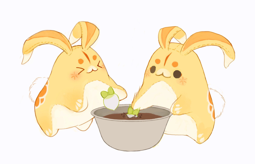 >_<, :3, animal, animal_focus, bowl, food, full_body, genshin_impact