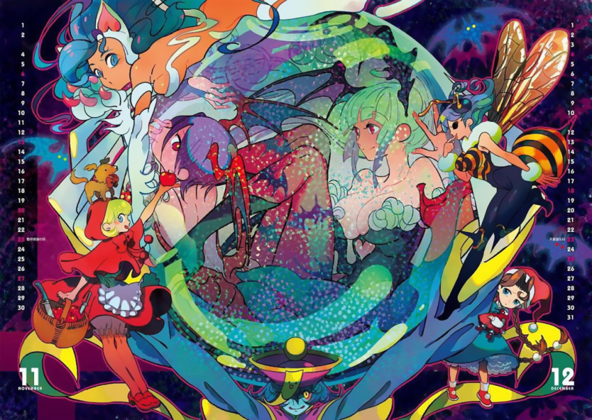 anita_(vampire), bat_wings, blue_skin, breasts, bulleta, capcom, cat_ears, chinese_clothes, claws, cleavage, felicia, fur, geung_si, green_hair, hat, jiangshi, lei_lei, lilith_aensland, long_hair, morrigan_aensland, official_art, ofuda, q-bee, take_(illustrator), vampire_(game), wings