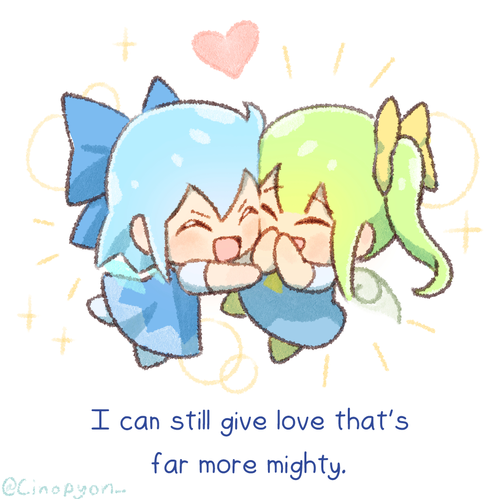2girls, :d, ^_^, blue_dress, blue_hair, cirno, closed_eyes, commentary, daiyousei, dress, english_commentary, english_text, full_body, green_hair, green_tea_reimu, heart, multiple_girls, open_mouth, short_hair, short_sleeves, side_ponytail, simple_background, smile, touhou, twitter_username, white_background