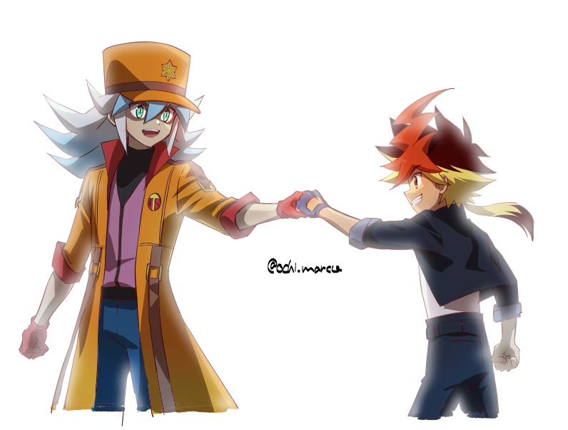 2boys, blonde_hair, blue_hair, blue_pants, brown_eyes, brown_hair, coat, fist_bump