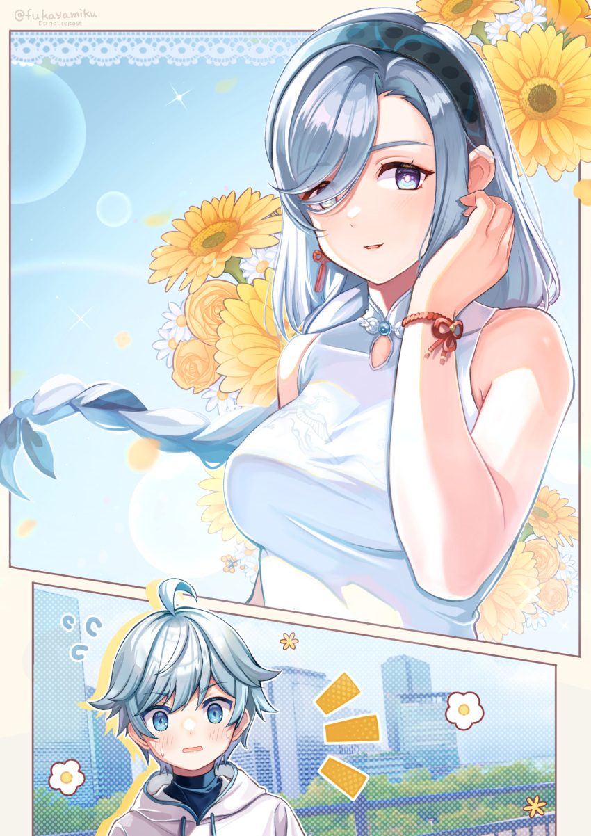 1boy, 1girl, aunt_and_nephew, blue_eyes, blue_hair, breasts, chongyun_(genshin_impact), dress