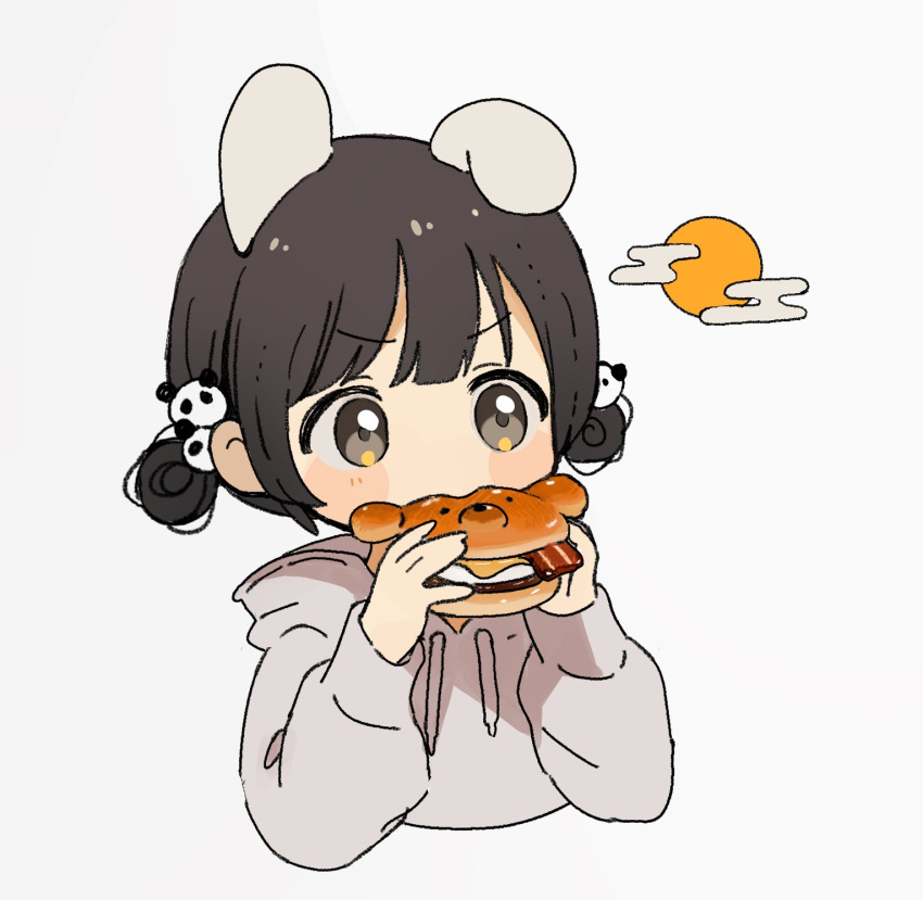 1girl, animal_ears, black_hair, blush, burger, double_bun, eating, food