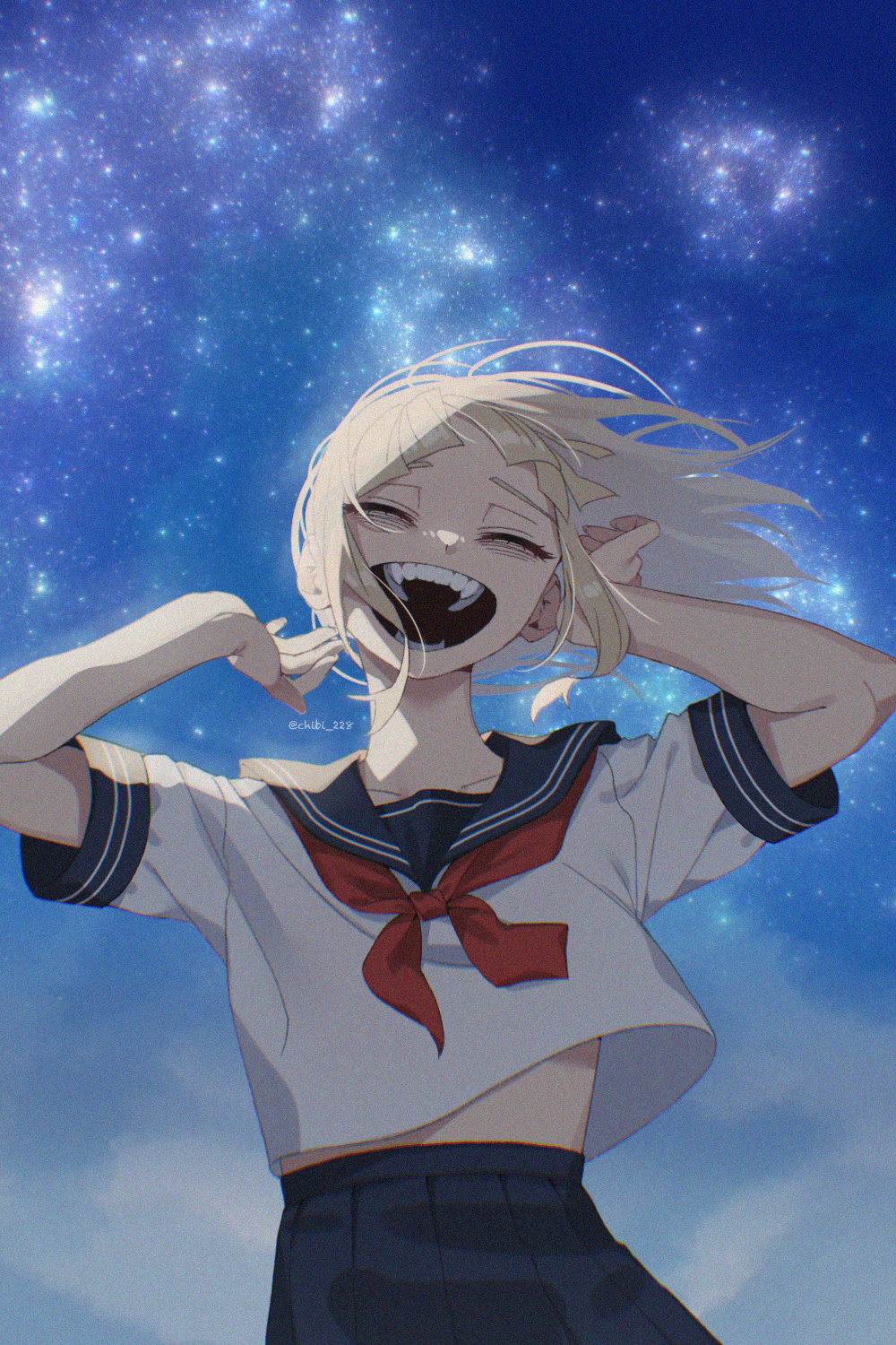 1girl, blonde_hair, blue_sailor_collar, blue_skirt, boku_no_hero_academia, chibi_228, closed_eyes, double_bun