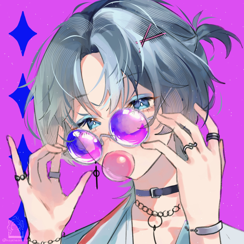 1girl, absurdres, artist_logo, black_choker, blue_eyes, blue_eyeshadow, blue_hair, bracelet, bubble_blowing, chain_necklace, chewing_gum, choker, commentary, english_commentary, expressionless, eyelashes, eyeshadow, hair_ornament, hairclip, highres, hiodoshi_ao, hololive, jewelry, looking_at_viewer, makeup, mercs_(kapebeovorus), multiple_rings, necklace, parted_bangs, portrait, purple-tinted_eyewear, purple_background, ring, round_eyewear, shirt, short_hair, short_ponytail, solo, sunglasses, tinted_eyewear, twitter_username, virtual_youtuber, white_shirt