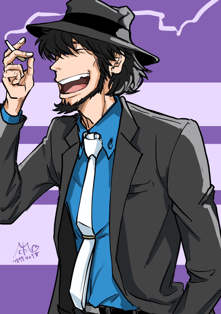1boy, beard, belt, between_fingers, black_belt, black_hair, black_headwear, black_jacket