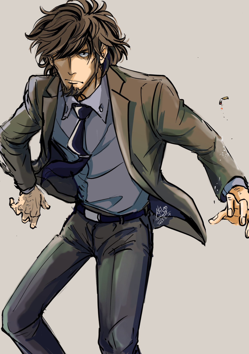 1boy, arm_hair, beard, black_jacket, black_necktie, blue_skirt, brown_hair, cigarette