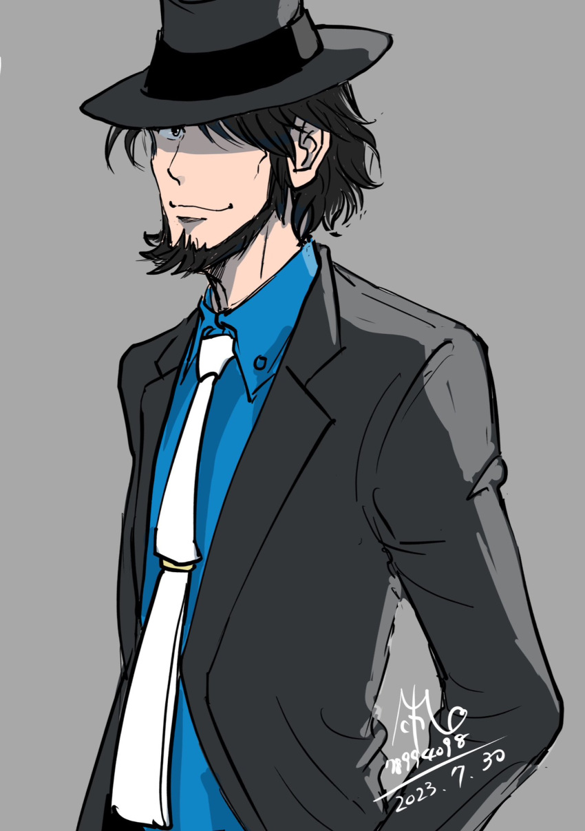1boy, beard, black_hair, black_headwear, black_jacket, blue_shirt, closed_mouth, collared_shirt, dated, facial_hair, fedora, grey_background, grey_eyes, hair_over_one_eye, hand_in_pocket, hat, highres, jacket, jigen_daisuke, long_sideburns, long_sleeves, looking_at_viewer, lupin_iii, male_focus, michio_(hara78994098), necktie, shirt, short_hair, sideburns, signature, simple_background, smile, solo, upper_body, white_necktie