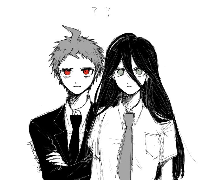 2boys, ?, ??, ahoge, breast_pocket, collared_shirt, cosplay, danganronpa_(series)