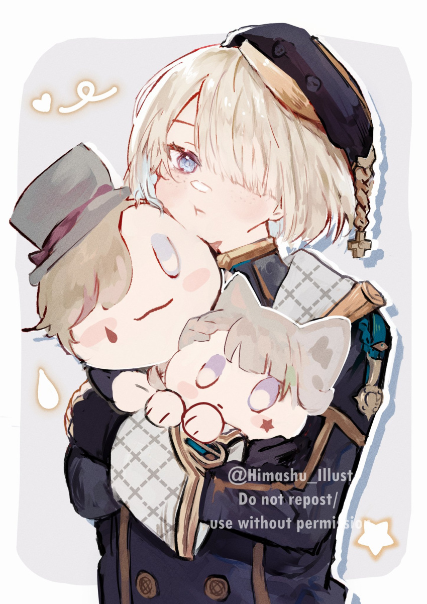 1boy, beret, black_headwear, black_jacket, black_shirt, blonde_hair, blue_jacket, blush, border, character_doll, freckles, freminet_(genshin_impact), genshin_impact, grey_background, grey_eyes, hat, heart, highres, himashu_illust, jacket, long_sleeves, lynette_(genshin_impact), lyney_(genshin_impact), male_focus, shirt, solo, turtleneck, violet_eyes, white_border