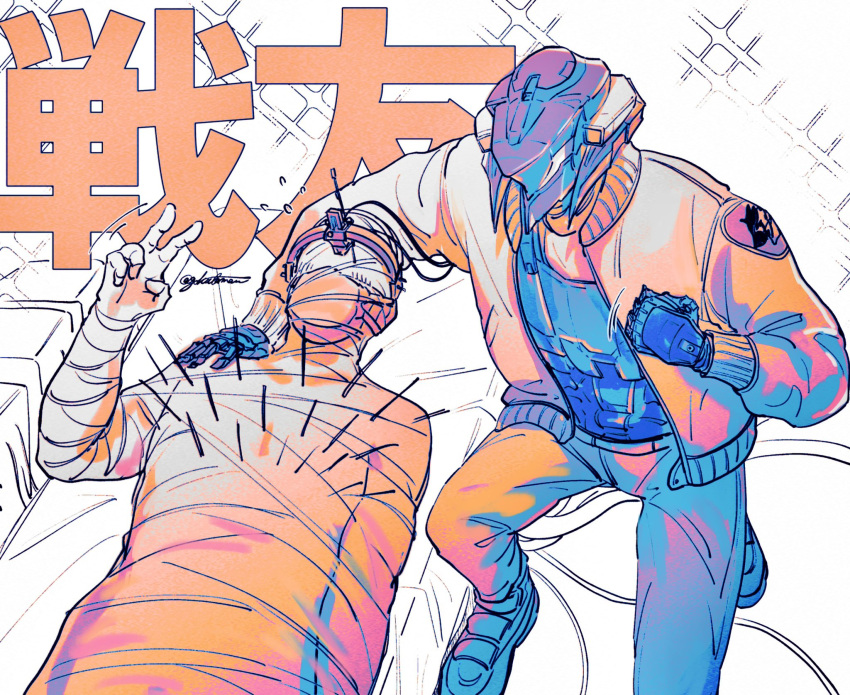 2boys, 621_(armored_core_6), armored_core, armored_core_6, bandaged_torso, bomber_jacket, highres, himagoya