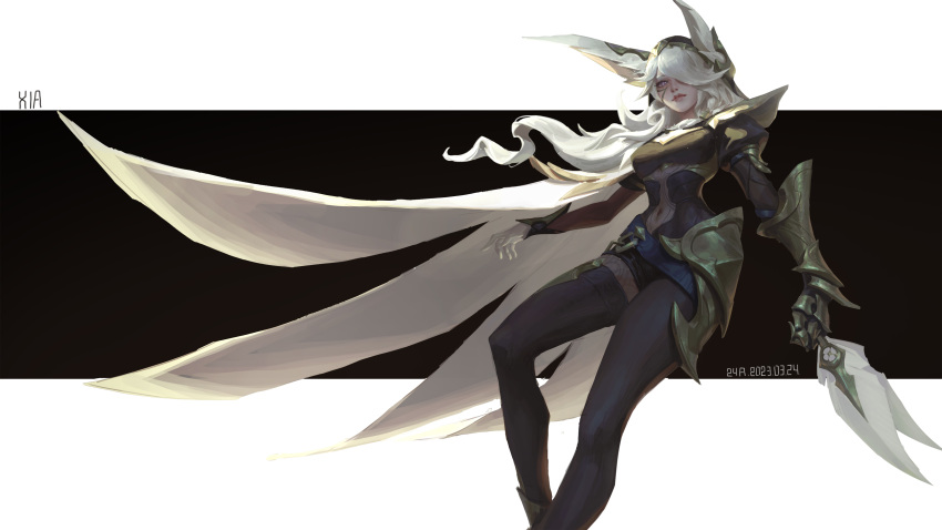 1girl, 24a_(ershisiai), absurdres, animal_ears, armor, black_thighhighs, breasts, broken_covenant_xayah