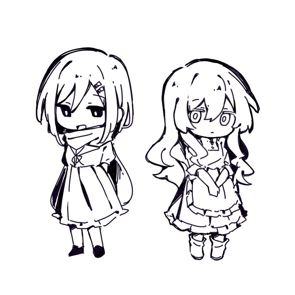 2girls, apron, arms_behind_back, boots, bright_pupils, chibi, dress, enpera