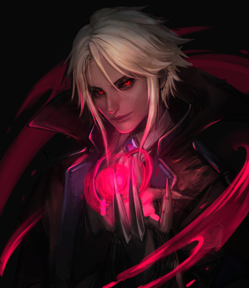 1boy, ascot, black_sclera, blonde_hair, blood, collared_shirt, colored_sclera, fingernails