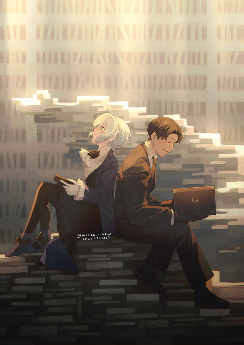 1boy, 1girl, angela_(project_moon), ascot, black_gloves, black_hair, black_jacket, black_pants, black_pantyhose, black_skirt, blue_coat, blue_hair, book, closed_eyes, coat, frilled_sleeves, frills, gloves, highres, indoors, jacket, library, library_of_ruina, long_sleeves, looking_up, magicalchicken, pants, pantyhose, parted_bangs, parted_lips, pile_of_books, project_moon, roland_(library_of_ruina), short_hair, sitting, skirt, smile, white_ascot