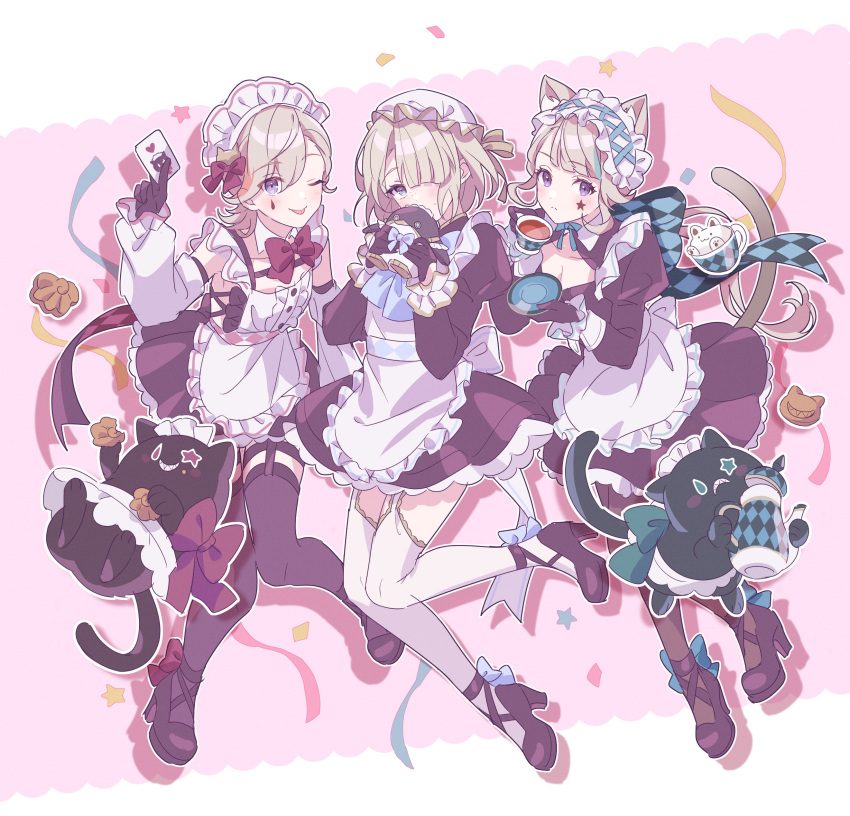 1girl, 2boys, absurdres, animal_ears, blonde_hair, blue_eyes, brother_and_sister, brothers, cat, cat_ears, cat_girl, crossdressing, facial_mark, freckles, freminet_(genshin_impact), full_body, genshin_impact, highres, looking_at_viewer, lynette_(genshin_impact), lyney_(genshin_impact), maid, maid_headdress, multiple_boys, one_eye_closed, pers_(genshin_impact), rosseland_(genshin_impact), siblings, star_(symbol), star_facial_mark, teardrop_facial_mark, twins, umeshiso, violet_eyes
