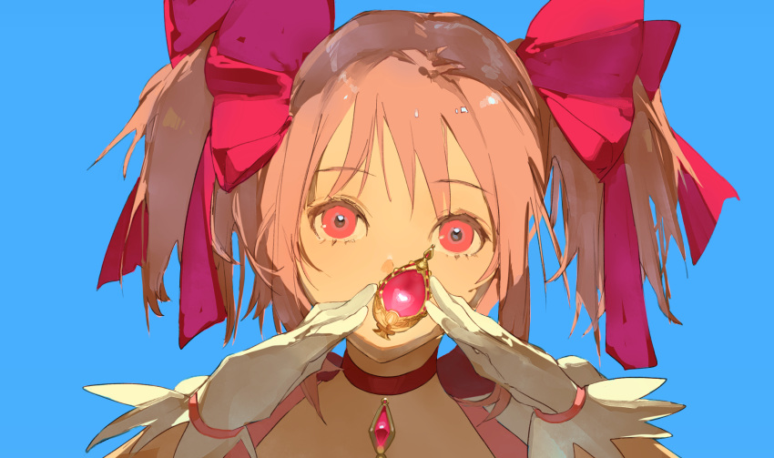 1girl, blue_background, bow, choker, commentary, facing_viewer, gloves, hair_bow