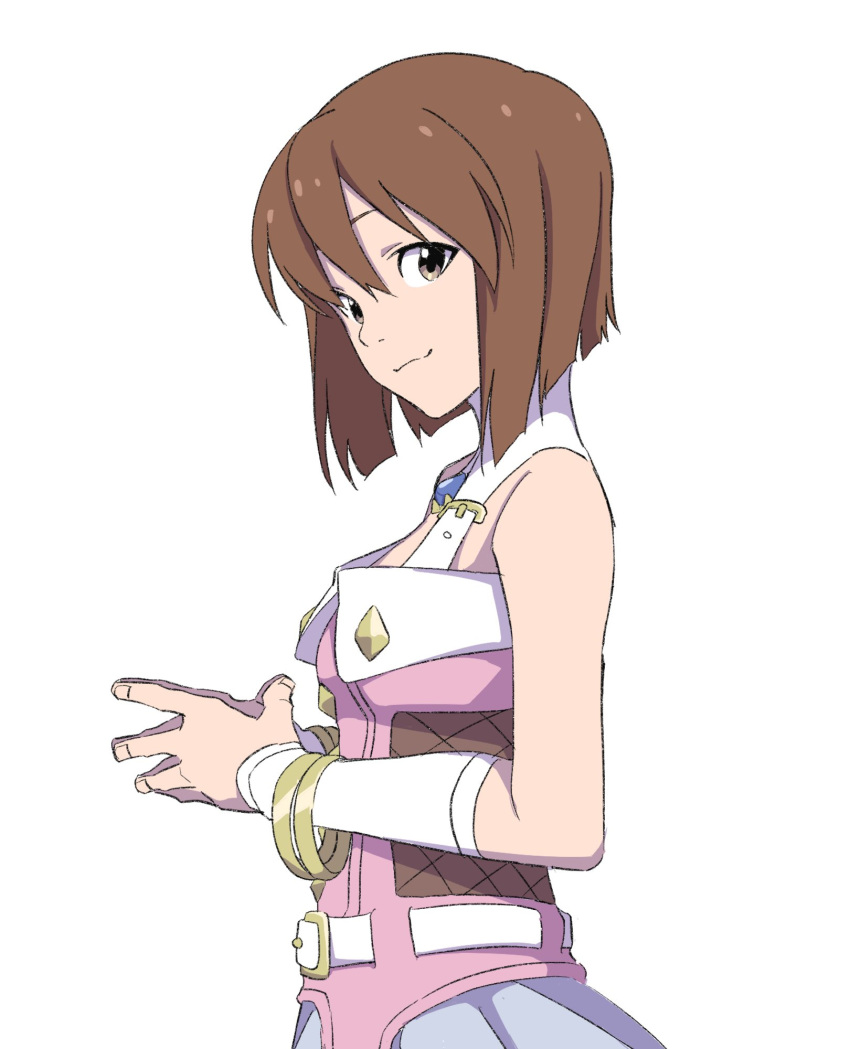 1girl, bare_shoulders, belt, blue_brooch, bob_cut, breasts, brown_eyes, brown_hair, closed_mouth, detached_sleeves, fishnet_top, fishnets, from_side, hagiwara_yukiho, hands_up, highres, icy, idolmaster, idolmaster_(classic), idolmaster_million_live!, idolmaster_million_live!_theater_days, looking_at_viewer, medium_breasts, multiple_bracelets, pink_diamond_765_(idolmaster), short_hair, simple_background, smile, solo, standing, steepled_fingers, two-tone_dress, white_background, white_belt, white_sleeves