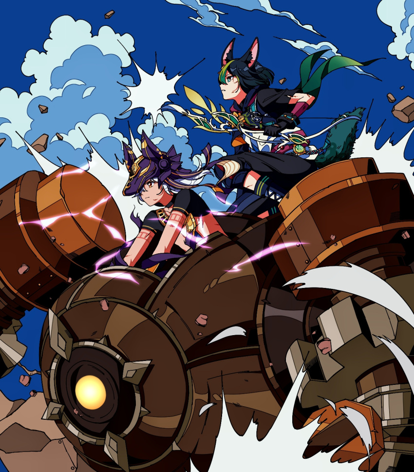 2boys, animal_ears, animal_hat, black_choker, black_gloves, black_hair, black_pants, blue_sky, blunt_ends, bow_(weapon), brown_eyes, cape, capri_pants, chinese_commentary, choker, closed_mouth, clouds, commentary_request, crop_top, cyno_(genshin_impact), dark-skinned_male, dark_skin, day, debris, drawstring, egyptian_clothes, electricity, expressionless, fake_animal_ears, floating_hair, fox_boy, fox_ears, fox_tail, genshin_impact, gloves, green_cape, green_eyes, green_hair, hair_over_one_eye, hat, highres, holding, holding_bow_(weapon), holding_weapon, hood, hood_down, hoodie, hunter's_path_(genshin_impact), jackal_ears, long_hair, male_focus, medal, multicolored_clothes, multicolored_hair, multiple_boys, one_eye_covered, outdoors, pants, parted_lips, purple_headwear, purple_ribbon, purple_sash, ribbon, riding, robot, rock, ruin_golem_(genshin_impact), sash, secretmirage, short_hair, short_sleeves, sky, streaked_hair, tail, tassel, tighnari_(genshin_impact), usekh_collar, v-shaped_eyebrows, vision_(genshin_impact), weapon, white_hair, wrist_cuffs