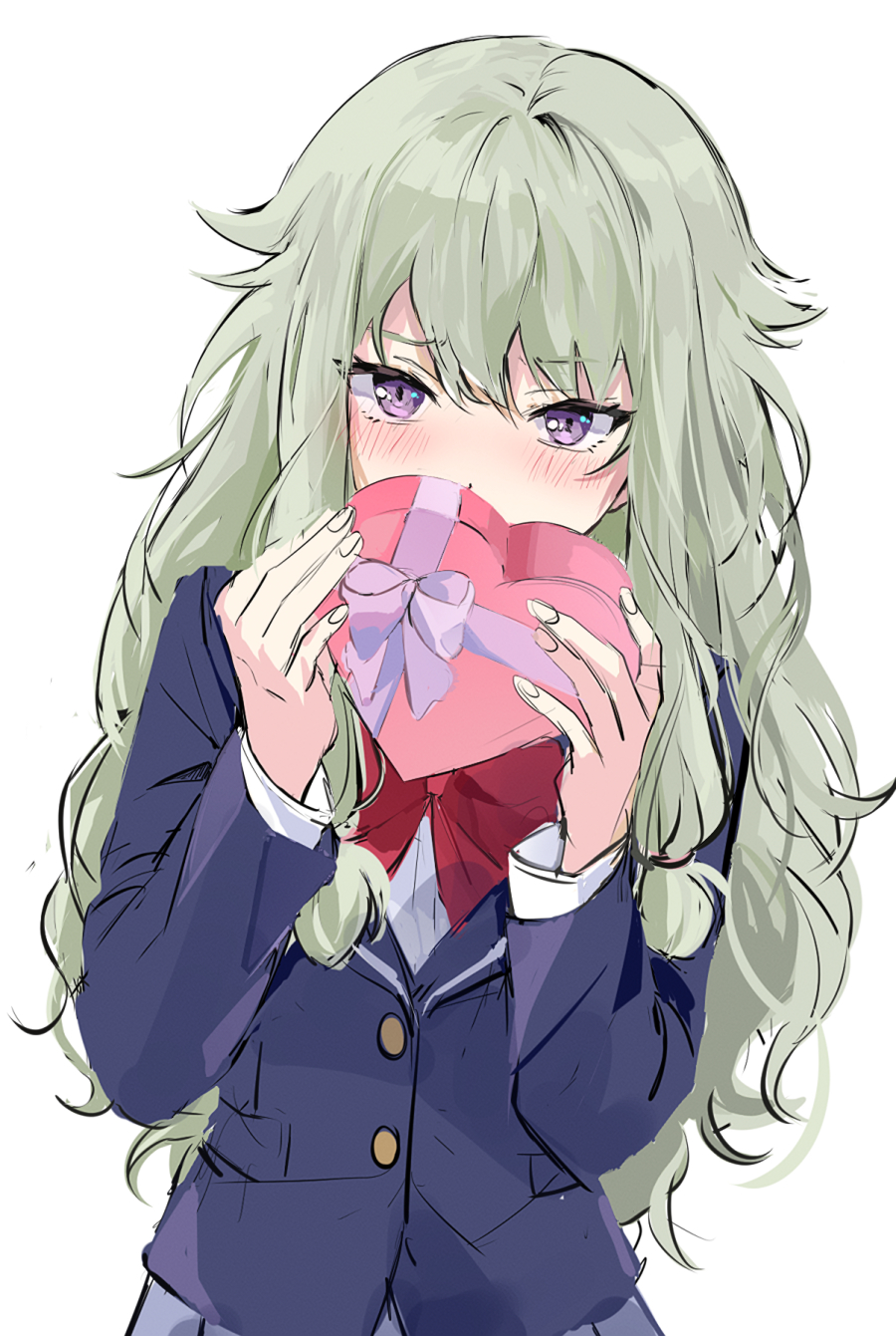 1girl, blazer, blue_jacket, blush, bow, bowtie, box, buttons, commentary, covered_mouth, fingernails, green_hair, hair_flaps, hands_up, heart-shaped_box, highres, holding, holding_box, iwatnc, jacket, kamiyama_high_school_uniform_(project_sekai), kusanagi_nene, long_hair, long_sleeves, looking_at_viewer, low-tied_long_hair, project_sekai, red_bow, red_bowtie, school_uniform, shirt, shy, simple_background, solo, valentine, violet_eyes, white_background, white_shirt