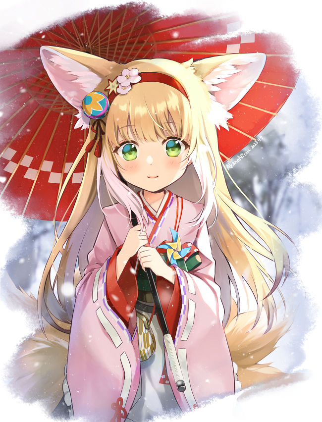 1girl, animal_ear_fluff, animal_ears, apron, arknights, artist_name, blonde_hair, blush