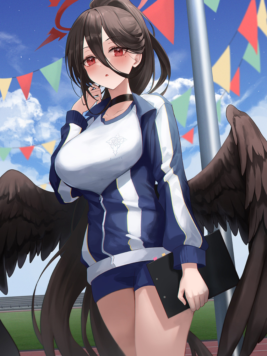 1girl, adjusting_hair, black_hair, black_wings, blue_archive, blue_sky, clipboard, clouds