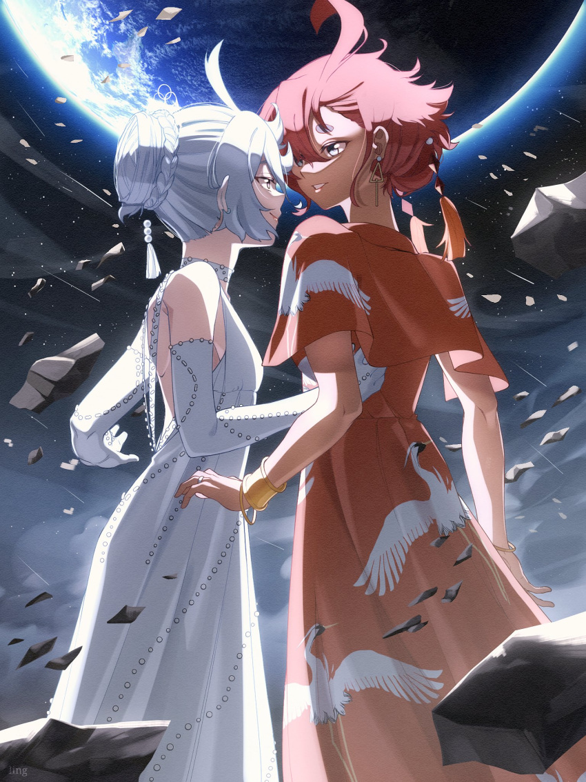 2girls, ahoge, animal_print, bangle, bird, blue_eyes, bracelet, braid, chaaaaanhikari, debris, dress, earrings, earth_(planet), eye_contact, grey_eyes, gundam, gundam_suisei_no_majo, heron, highres, jewelry, looking_at_another, medium_hair, miorine_rembran, multiple_girls, outdoors, planet, red_dress, redhead, ring, smile, space, suletta_mercury, wedding_ring, white_dress, white_hair, wife_and_wife, yuri