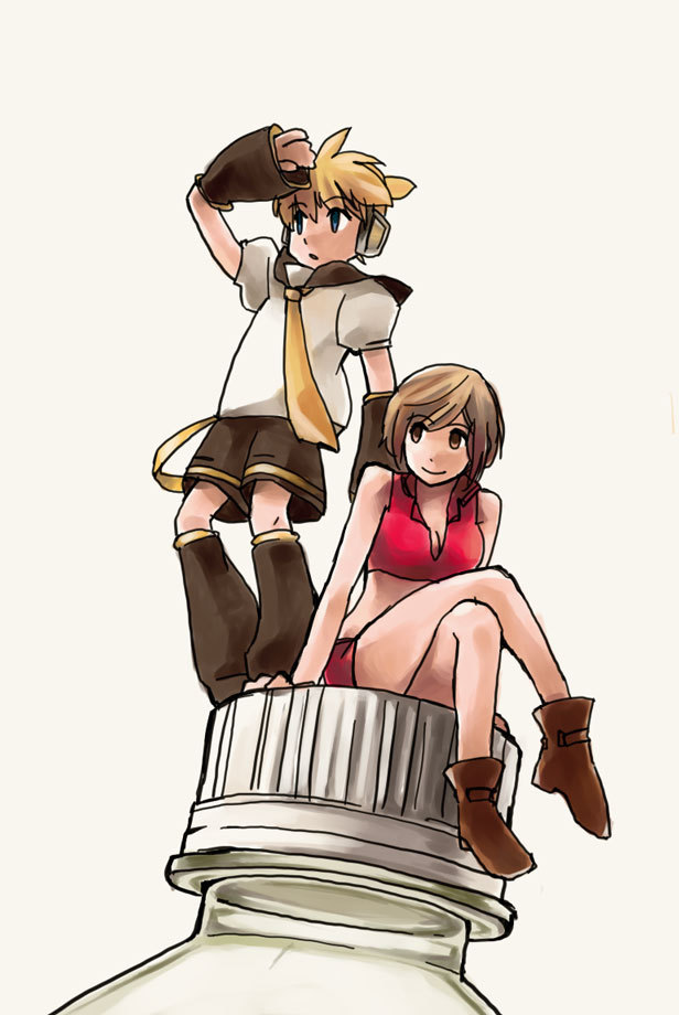 age_difference, bottle, boy, breasts, brown_hair, cleavage, crop_top, crossed_legs