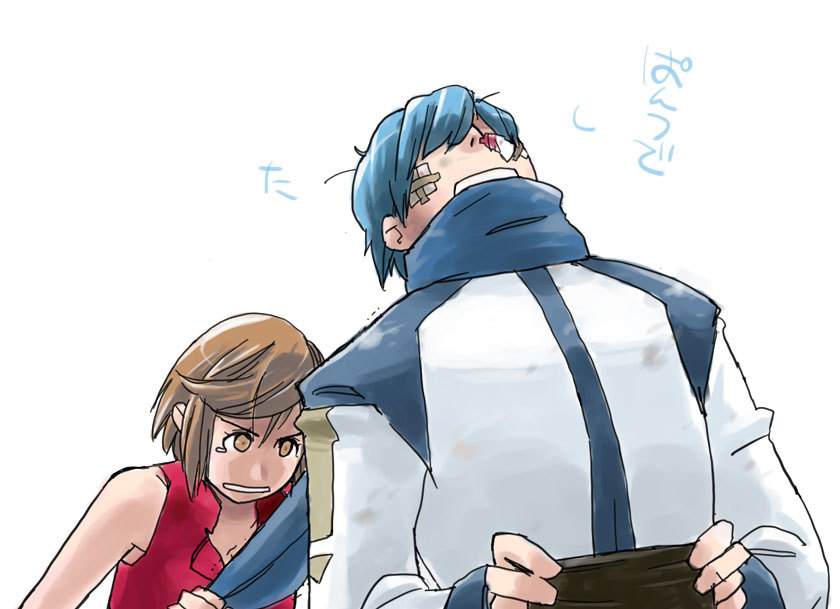 1girl, blood, blue_hair, brown_hair, couple, kaito, madder, meiko