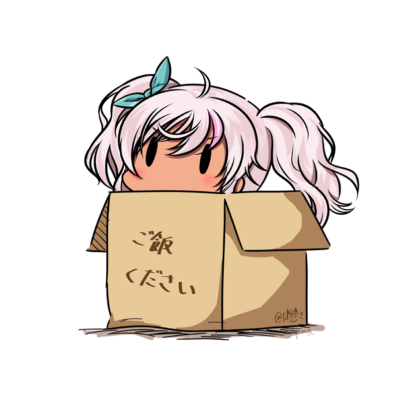 1girl, ahoge, blue_ribbon, box, cardboard_box, comandante_cappellini_(kancolle), dated, hair_ribbon