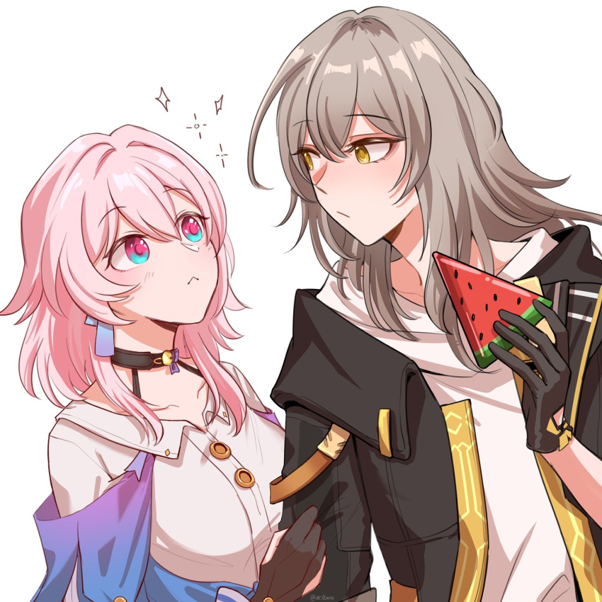 2girls, ae_ttana, archery_shooting_glove, artist_name, black_choker, black_gloves, black_jacket, blue_eyes, blue_jacket, blush, breasts, buttons, choker, closed_mouth, collarbone, earrings, english_commentary, eye_contact, food, fruit, gloves, grey_hair, highres, holding, holding_food, honkai:_star_rail, honkai_(series), jacket, jewelry, long_sleeves, looking_at_another, march_7th_(honkai:_star_rail), medium_breasts, medium_hair, multiple_girls, partially_fingerless_gloves, pink_eyes, pink_hair, shirt, simple_background, single_earring, stelle_(honkai:_star_rail), tied_jacket, trailblazer_(honkai:_star_rail), two-tone_eyes, upper_body, watermelon, watermelon_slice, white_background, white_shirt, yellow_eyes