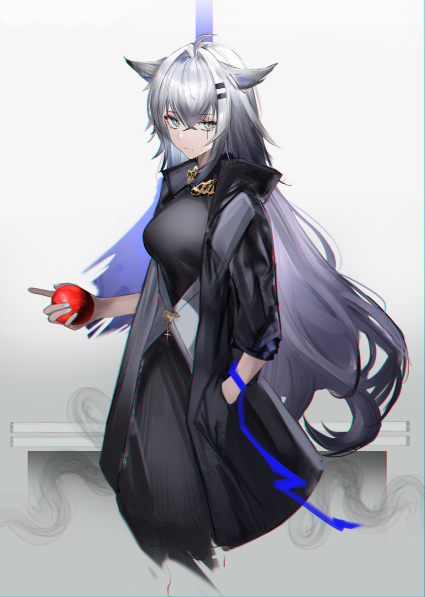 1girl, absurdres, ahoge, animal_ears, arknights, black_dress, black_jacket, blue_eyes