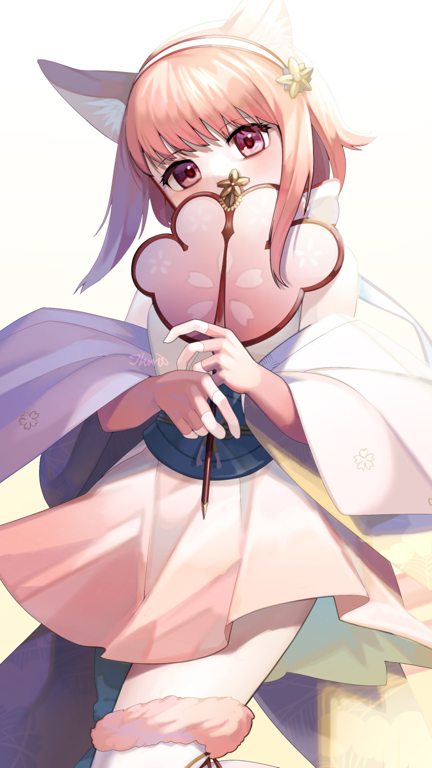 1girl, absurdres, animal_ears, cat_paw, commentary_request, covered_mouth, facing_viewer, fake_animal_ears, fire_emblem, fire_emblem_fates, fire_emblem_heroes, fur-trimmed_thighhighs, hairband, highres, holding, holding_paddle, ikura_(downdexp), nekomata, official_alternate_costume, official_art, paddle, pink_eyes, pink_hair, sakura_(halloween)_(fire_emblem), short_hair, solo, upper_body