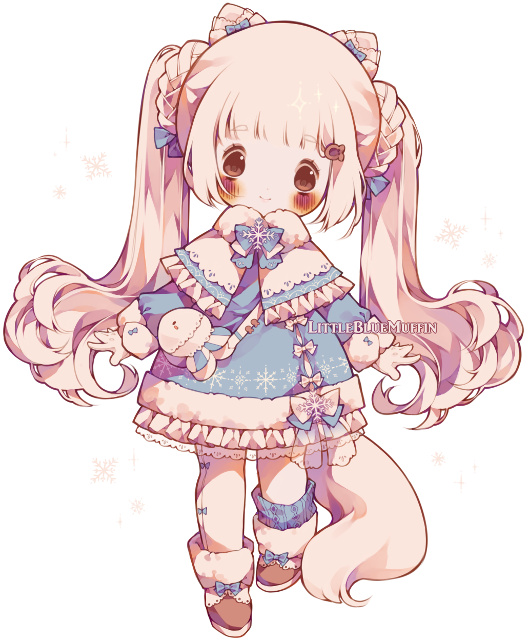 1girl, animal_ears, artist_name, asymmetrical_legwear, blue_bow, blue_bowtie, blue_dress, blue_socks, blunt_bangs, blush, blush_stickers, boots, bow, bow_legwear, bowtie, braided_hair_rings, brown_eyes, brown_footwear, capelet, chibi, closed_mouth, dress, ear_ribbon, english_commentary, eyelashes, fish_hair_ornament, footwear_bow, fox_ears, fox_girl, fox_tail, frilled_capelet, frilled_dress, frills, fur-trimmed_capelet, fur-trimmed_dress, fur-trimmed_footwear, fur-trimmed_sleeves, fur_trim, gloves, hair_ornament, hairclip, head_tilt, highres, lace, lace-trimmed_boots, lace-trimmed_dress, lace_trim, leggings, littlebluemuffin, long_hair, long_sleeves, looking_at_viewer, original, painttool_sai_(medium), photoshop_(medium), puffy_long_sleeves, puffy_sleeves, short_dress, single_sock, smile, snowflake_ornament, snowflake_print, socks, tail, transparent_background, twintails, very_long_hair, waist_bow, watermark, white_bow, white_capelet, white_gloves, white_hair, white_leggings