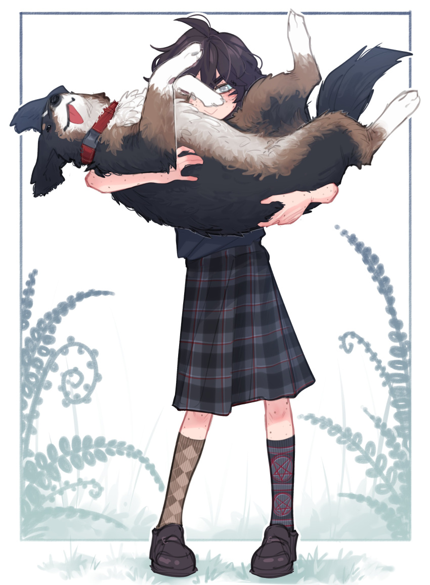 1girl, absurdres, animal, argyle, argyle_legwear, asymmetrical_legwear, blind_girl's_dog_(popopoka), blind_girl_(popopoka)