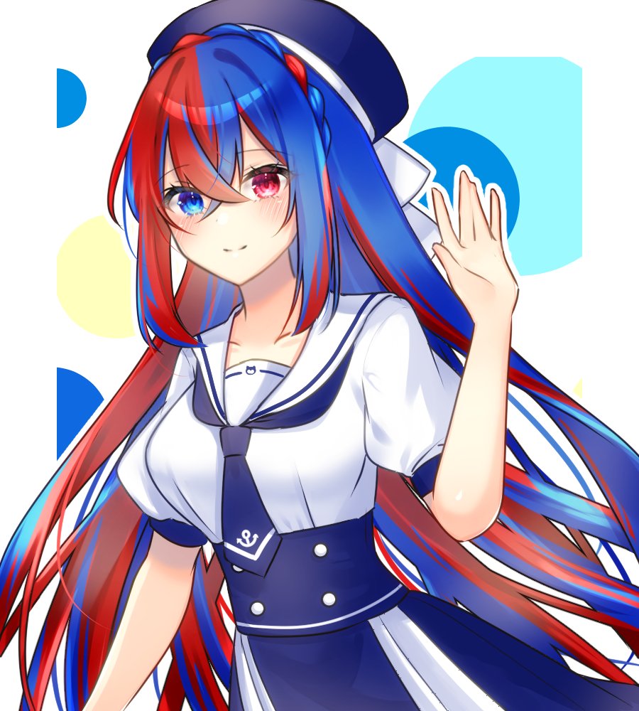 1girl, alear_(female)_(fire_emblem), alear_(fire_emblem), alternate_costume, blue_eyes, blue_hair, closed_mouth, dress, fire_emblem, fire_emblem_engage, hat, heterochromia, long_hair, looking_at_viewer, multicolored_hair, nekoyasiki_luna, red_eyes, redhead, sailor_collar, sailor_dress, sailor_hat, short_sleeves, simple_background, solo, two-tone_hair, waving