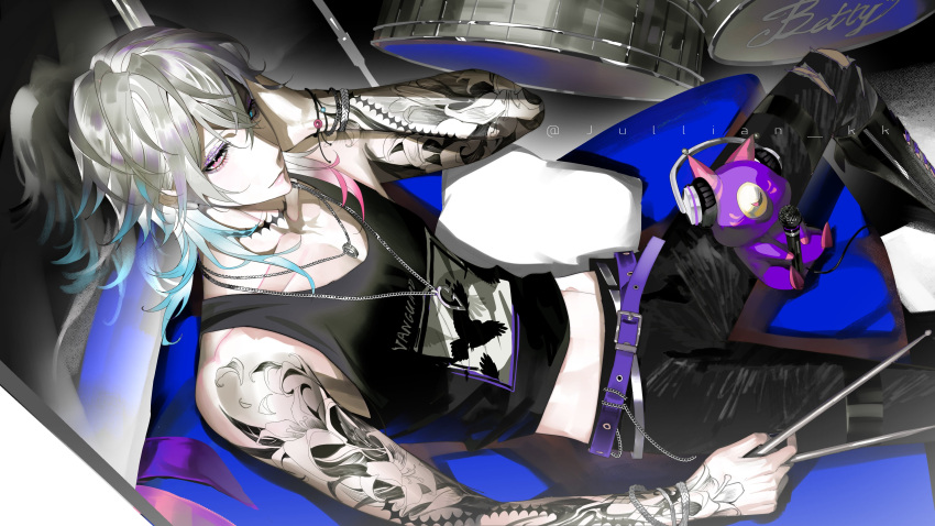 1boy, absurdres, arm_tattoo, artist_name, belt, bishounen, blue_eyes, boots