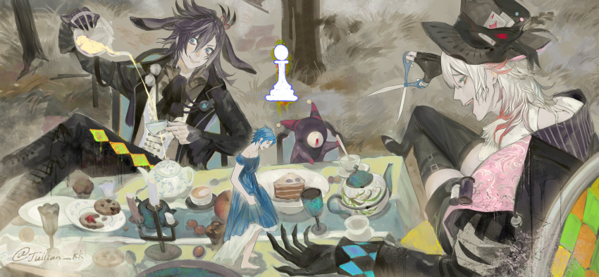3boys, absurdres, alice_(alice_in_wonderland), alice_(alice_in_wonderland)_(cosplay), alice_in_wonderland, animal_ears, ascot, asymmetrical_clothes