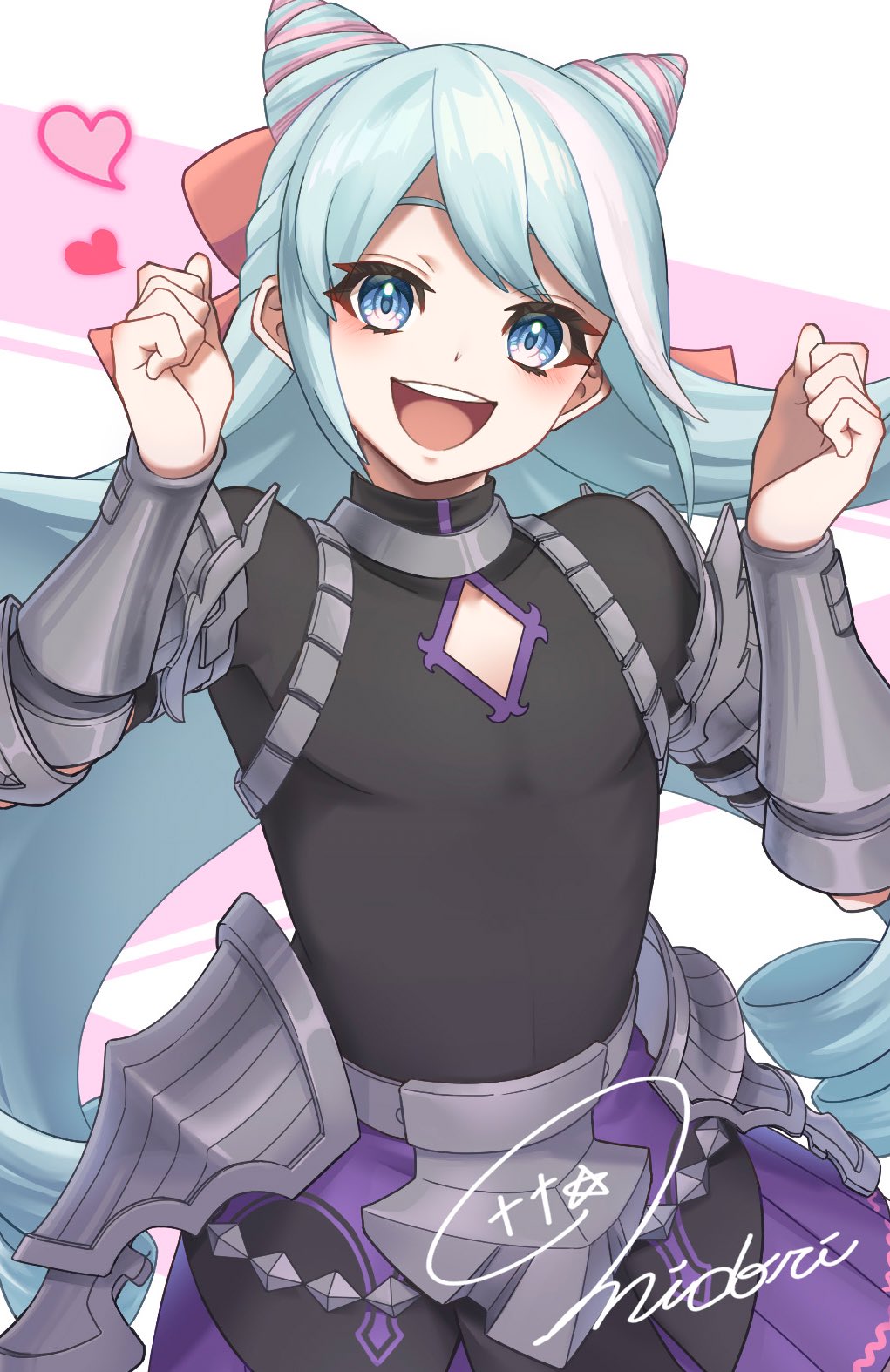 1boy, :d, armor, black_shirt, blue_eyes, blue_hair, clothing_cutout, cone_hair_bun