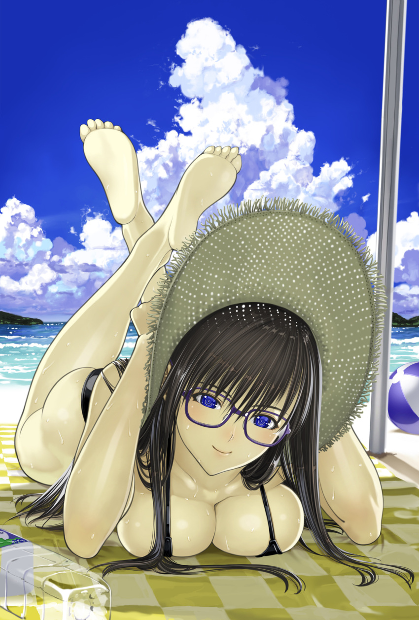 barefoot, beach, beachball, bikini, black_hair, blue_eyes, bottle, breast_press
