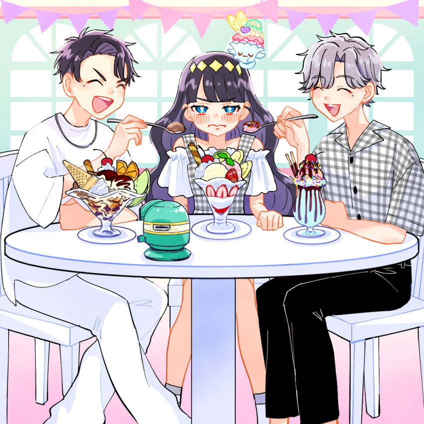 1girl, 2boys, black_hair, black_pants, blue_eyes, blunt_bangs, blush, bright_pupils