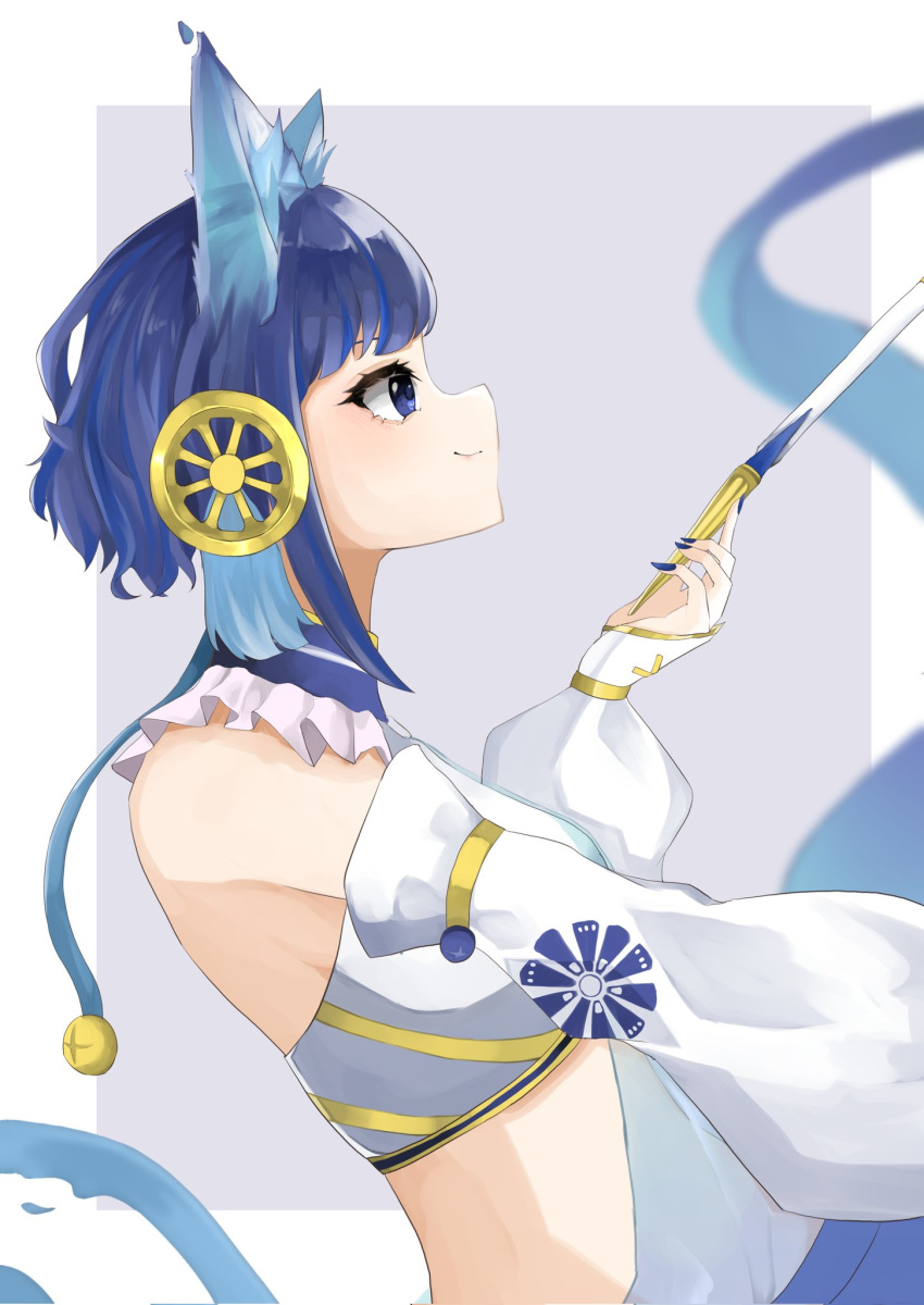 1girl, animal_ears, baton, blue_eyes, blue_hair, cat_ears, detached_sleeves, duel_monster
