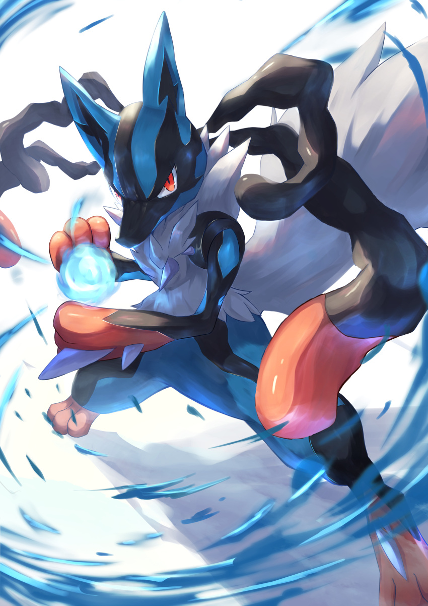 1other, absurdres, commentary_request, energy_ball, highres, legs_apart, lucario, mega_lucario