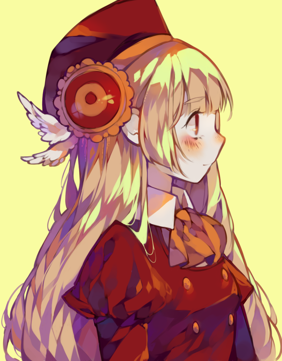 1girl, blonde_hair, blunt_bangs, blush, blush_stickers, buttons, closed_mouth, collared_shirt