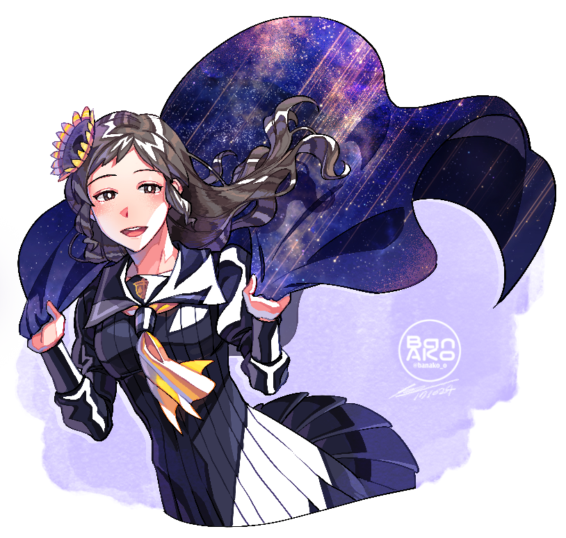 1girl, :d, ace_attorney, artist_name, black_dress, brown_hair, cropped_legs, dated