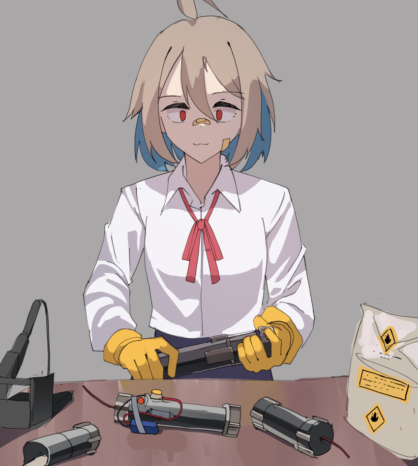 1girl, :3, absurdres, ahoge, bandaid, bandaid_on_face, bandaid_on_nose, bomb